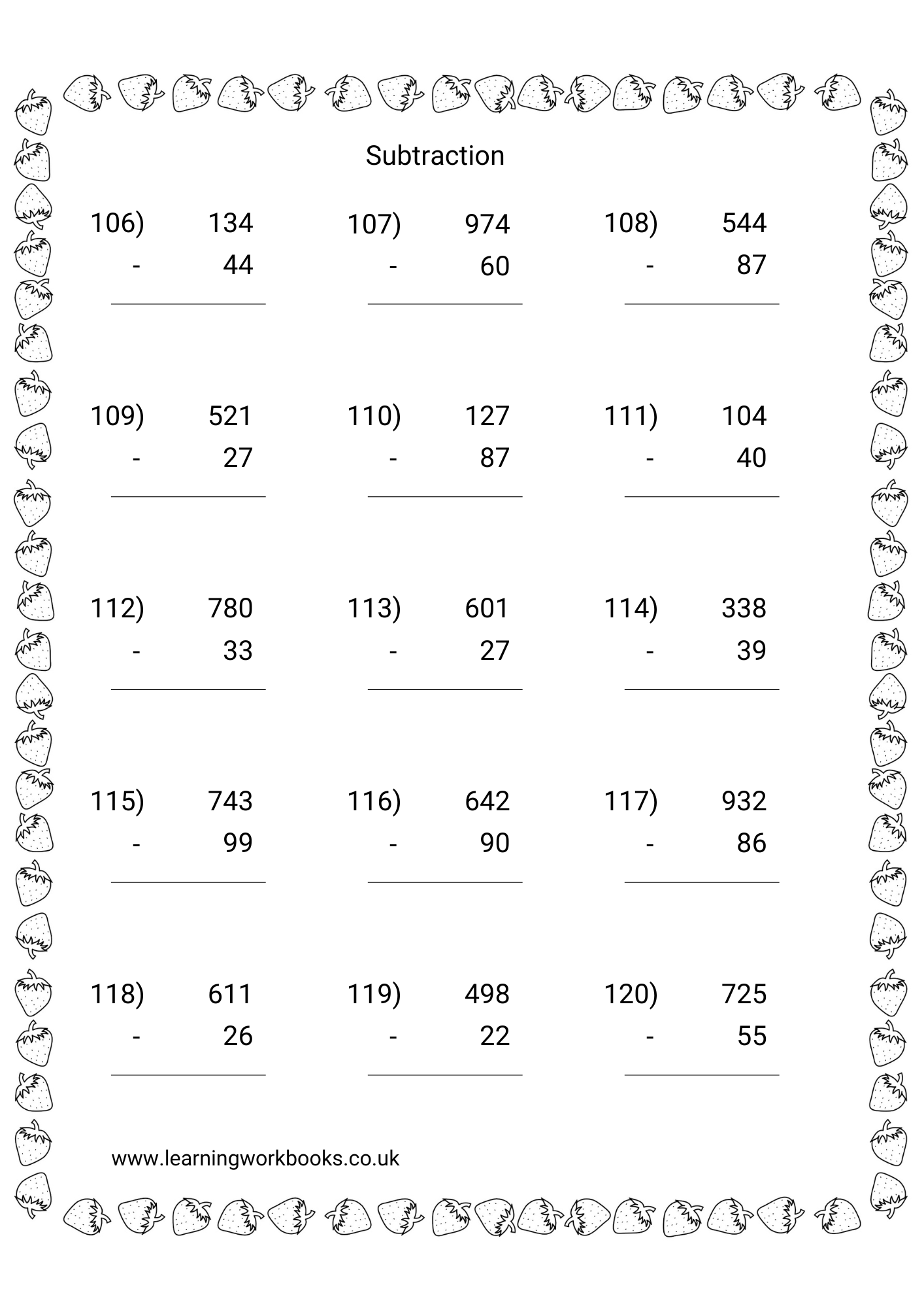 Subtracting 2 Digits From 3 Digit Numbers Workbook 3 (downloadable digital product)
