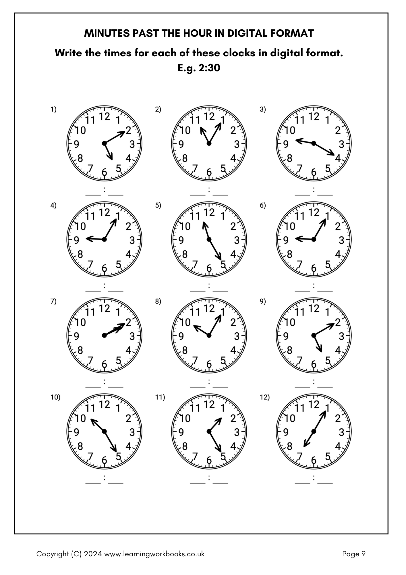Telling the Time: Minutes Past and to the Hour Workbook (downloadable digital product)