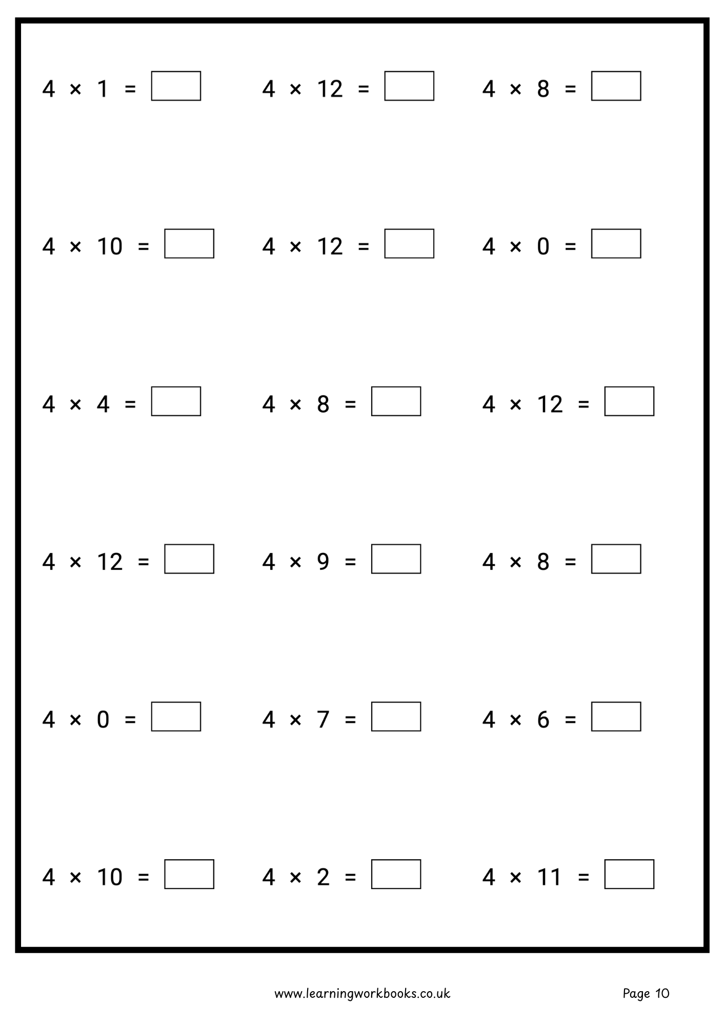 4 Times Table Workbook (downloadable digital product)