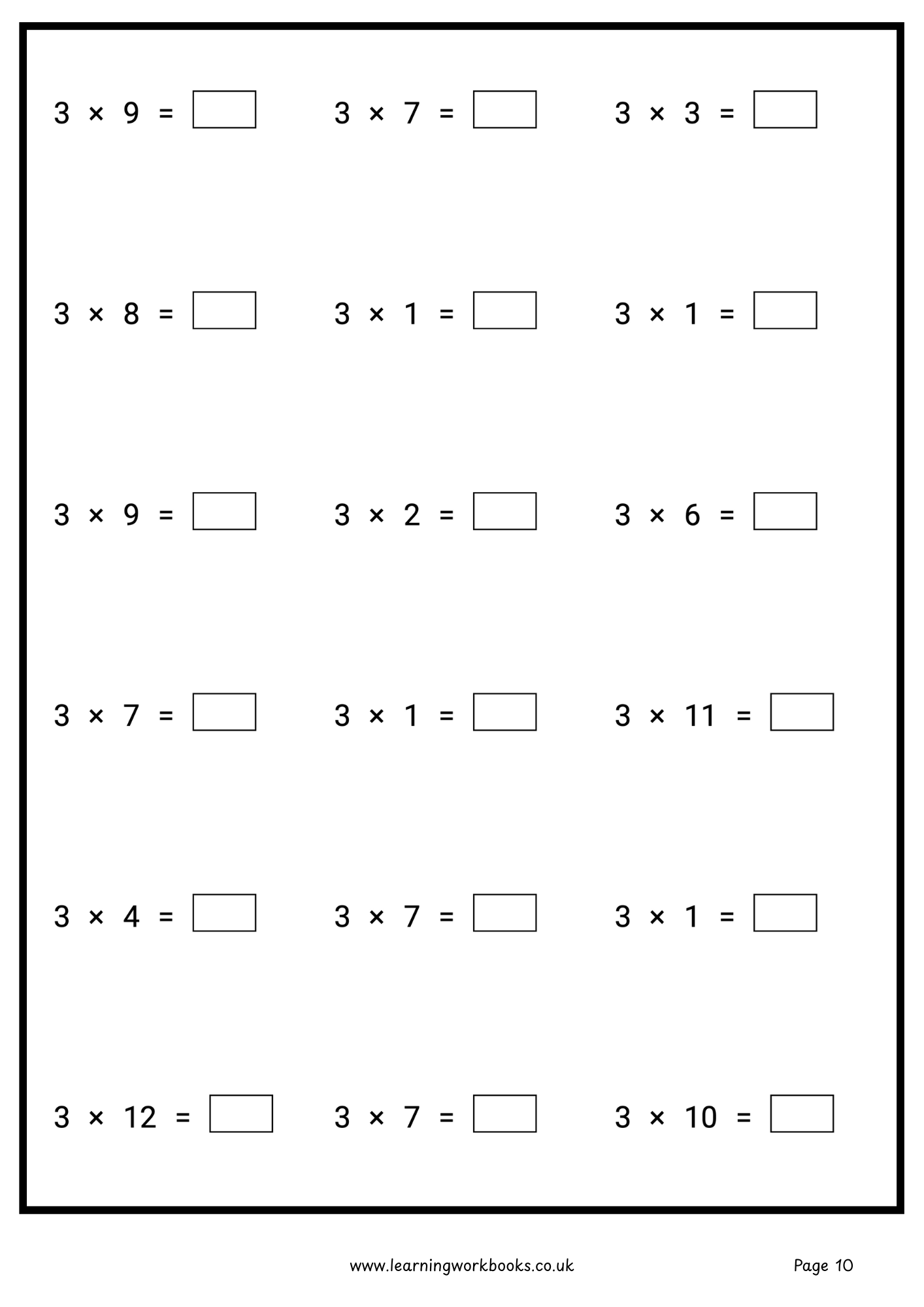 3 Times Table Workbook (downloadable digital product)