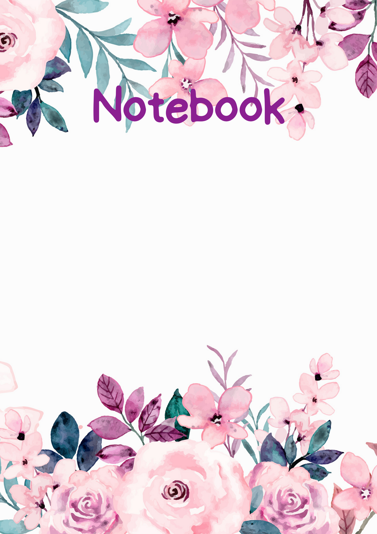 Pink Flowers Purple Leaves A4 Lined Notebook (downloadable digital product)