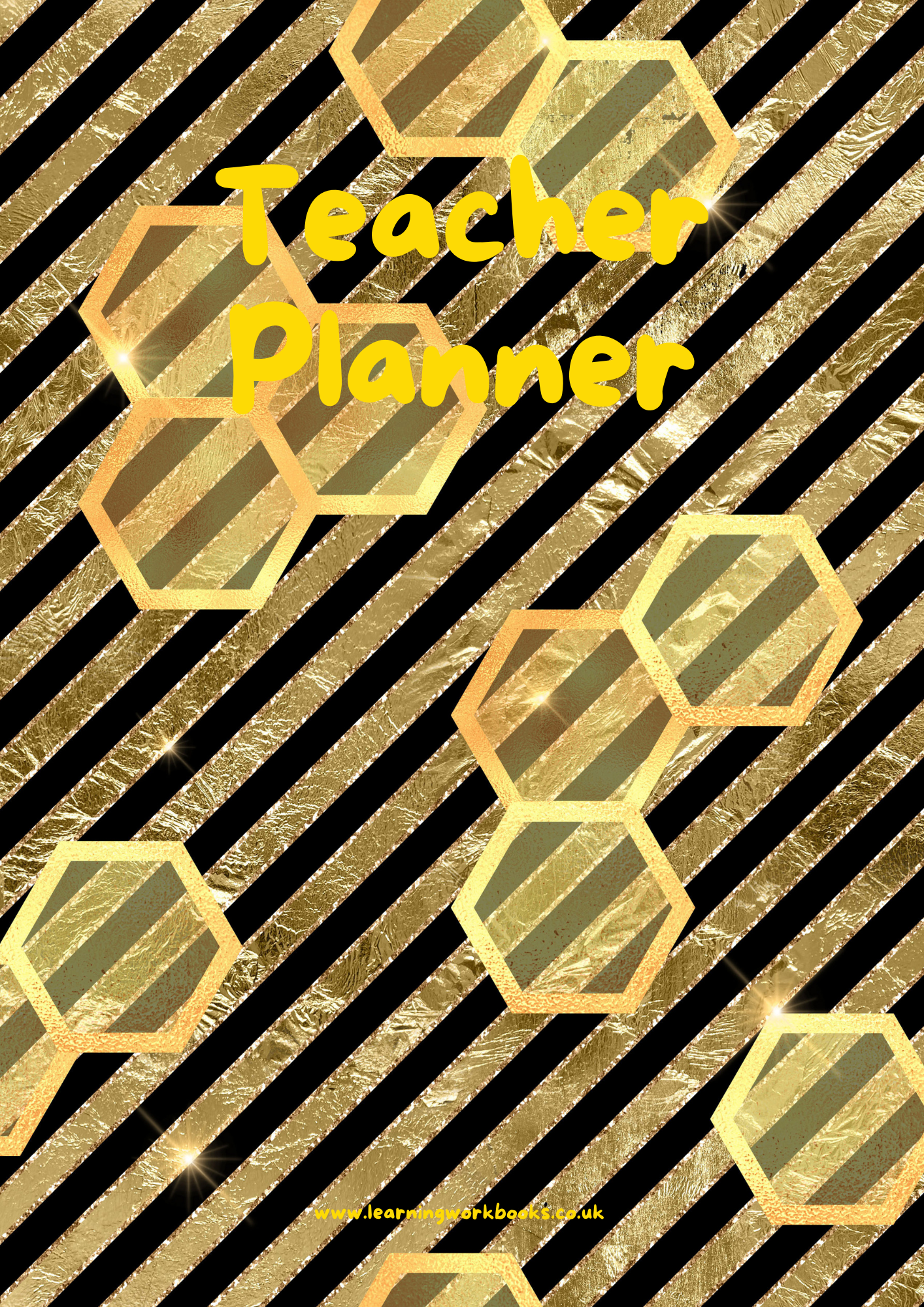 Honey Gold and Black Stripes with Honeycomb Pattern Teacher Planner (downloadable digital product)