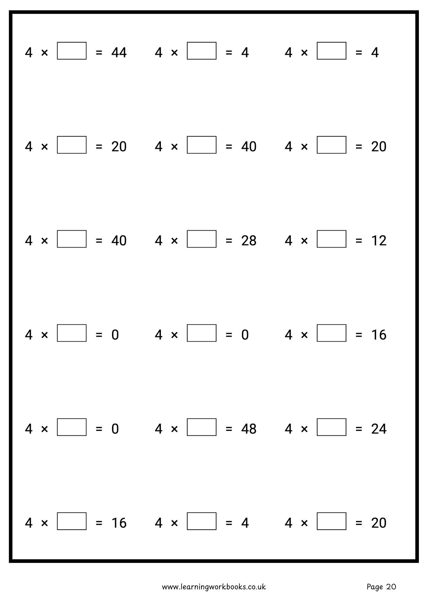 4 Times Table Workbook (downloadable digital product)