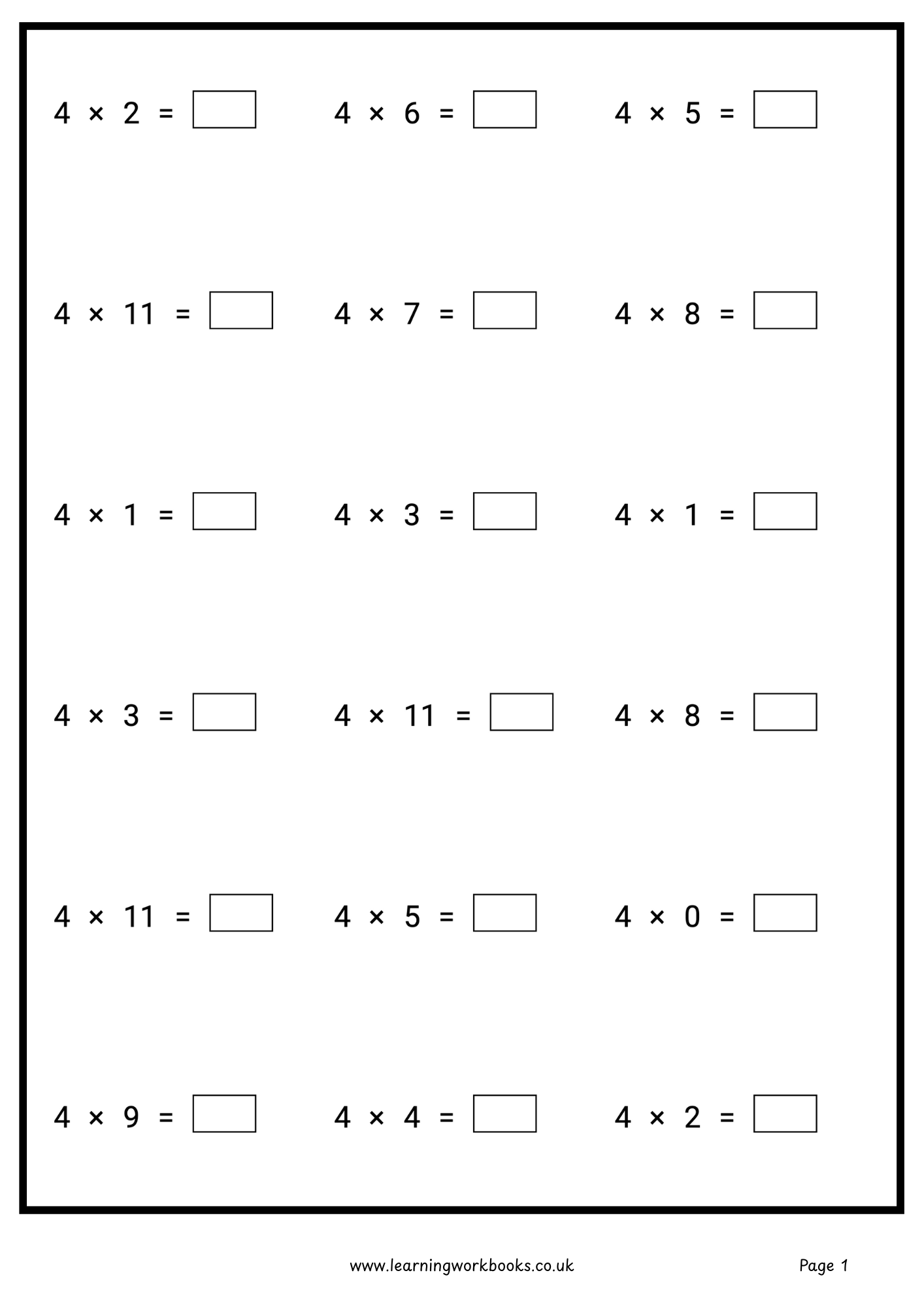 4 Times Table Workbook (downloadable digital product)