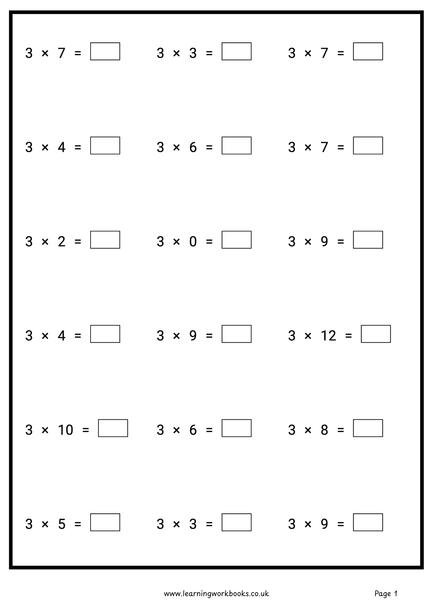 3 Times Table Workbook (downloadable digital product)