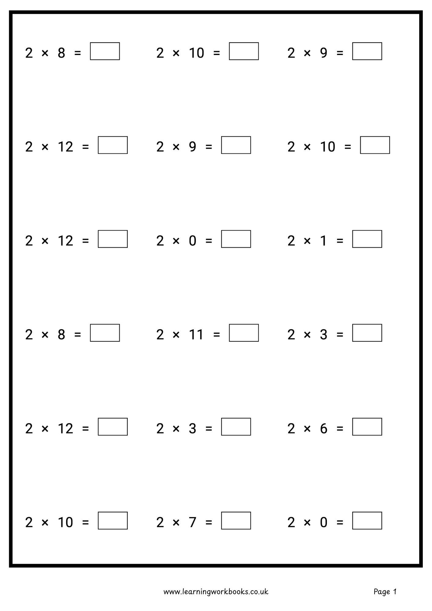 2 Times Table Workbook (downloadable digital product)
