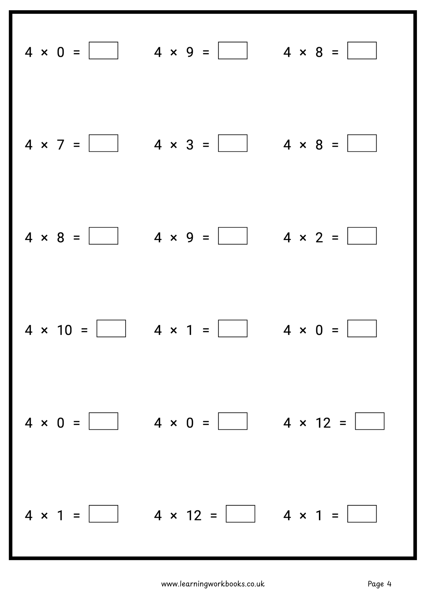 4 Times Table Workbook (downloadable digital product)