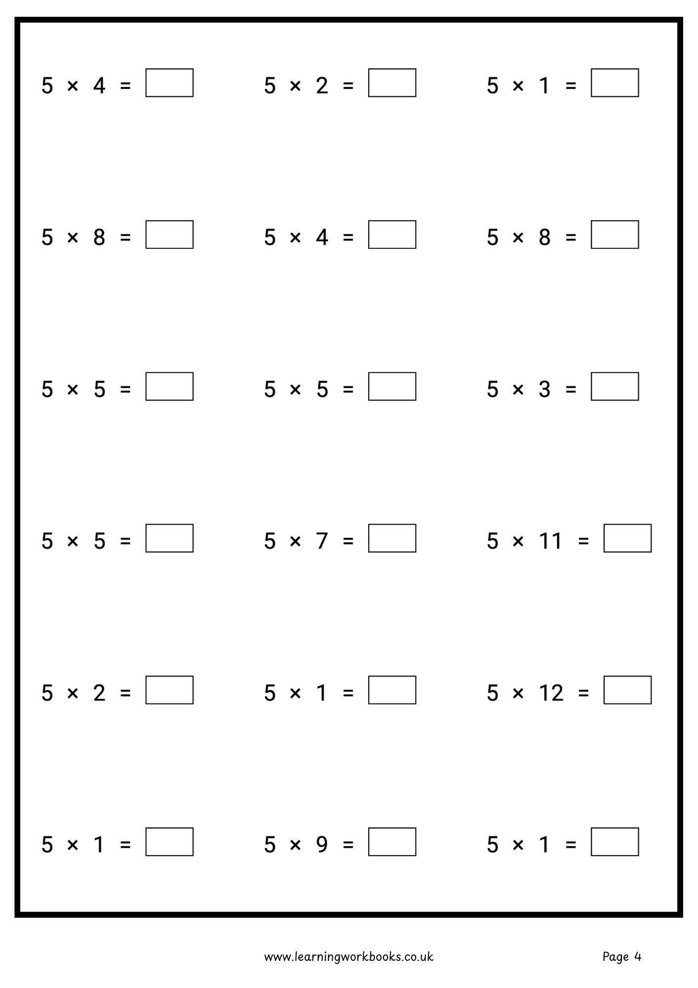 5 Times Table Workbook (downloadable digital product)