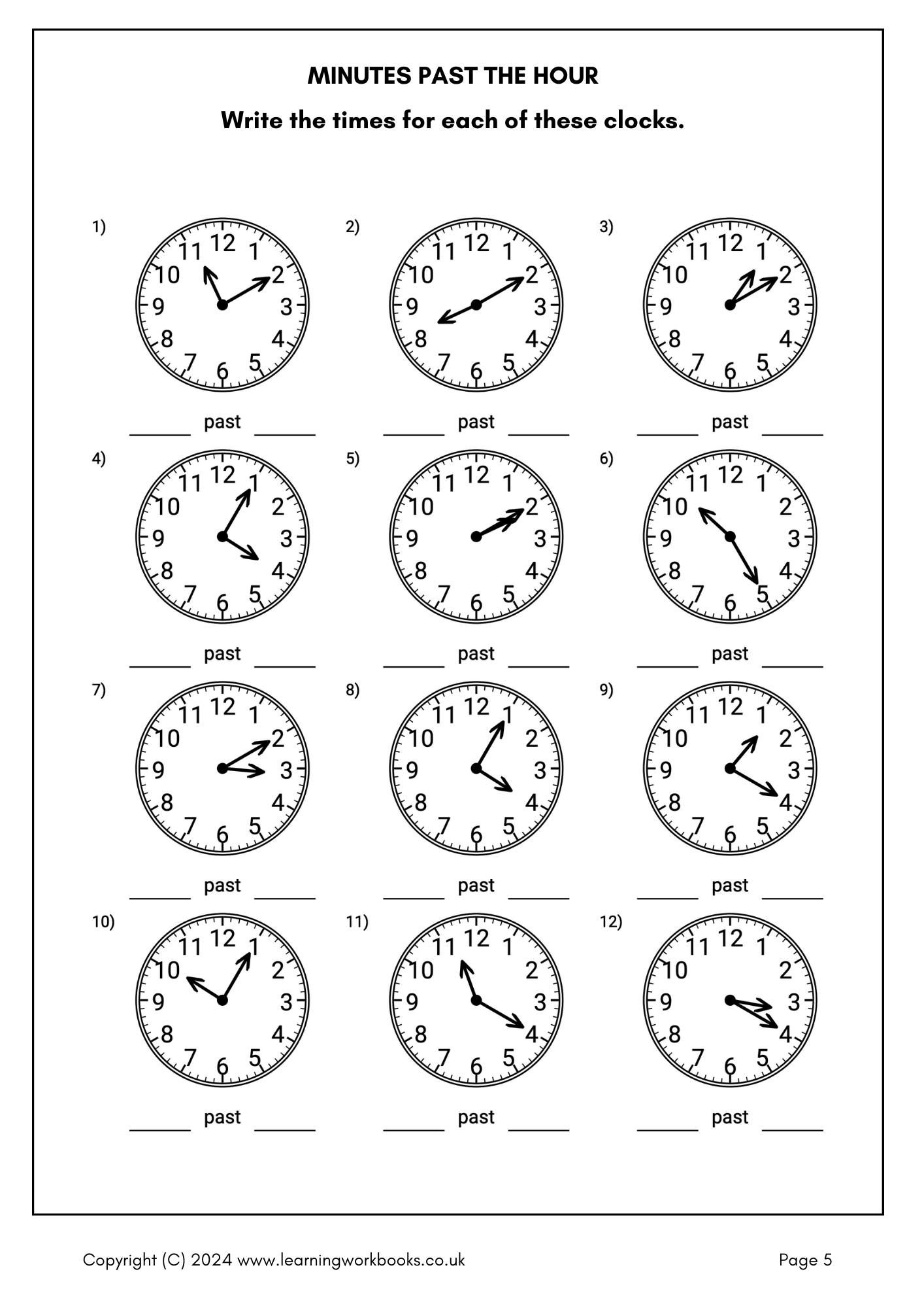 Telling the Time: Minutes Past and to the Hour Workbook (downloadable digital product)
