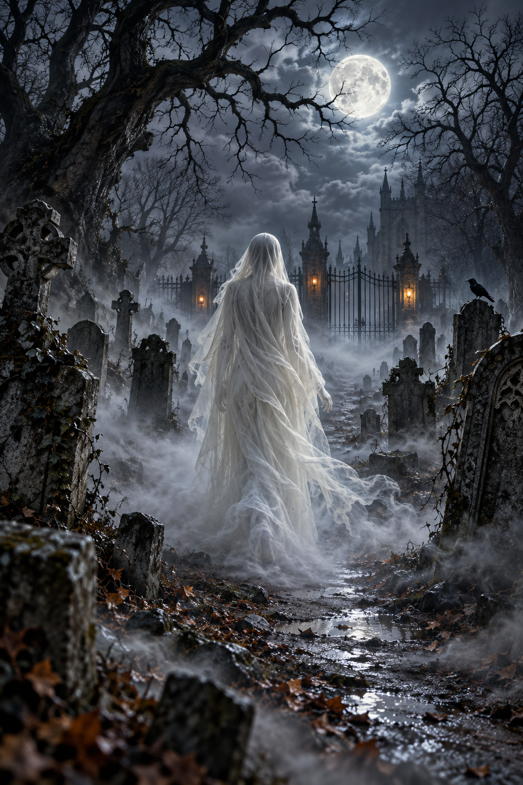 Ghostly Figure Walking Through Graveyard / Halloween Printable Art 3 / Premium Printable Digital Download / High Resolution for High Quality Printing
