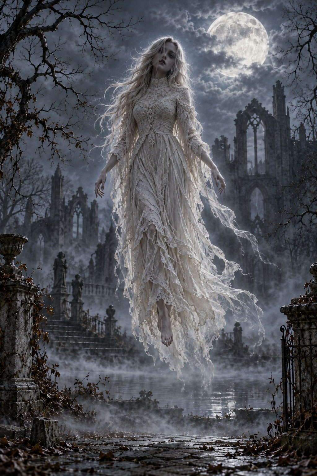 Ghostly Woman in a Tattered White Dress Floating in Mid-Air / Horror Printable 1 / High Resolution Digital Download