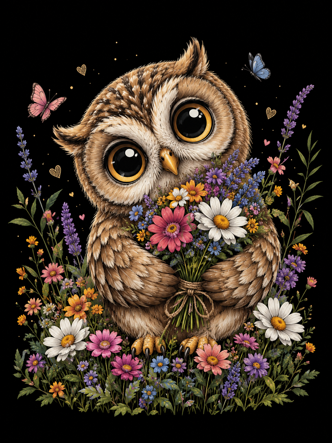 A whimsical illustration of a large brown owl with oversized yellow eyes holding a bouquet of pink, white, purple, and orange flowers, surrounded by butterflies and small hearts on a black background.