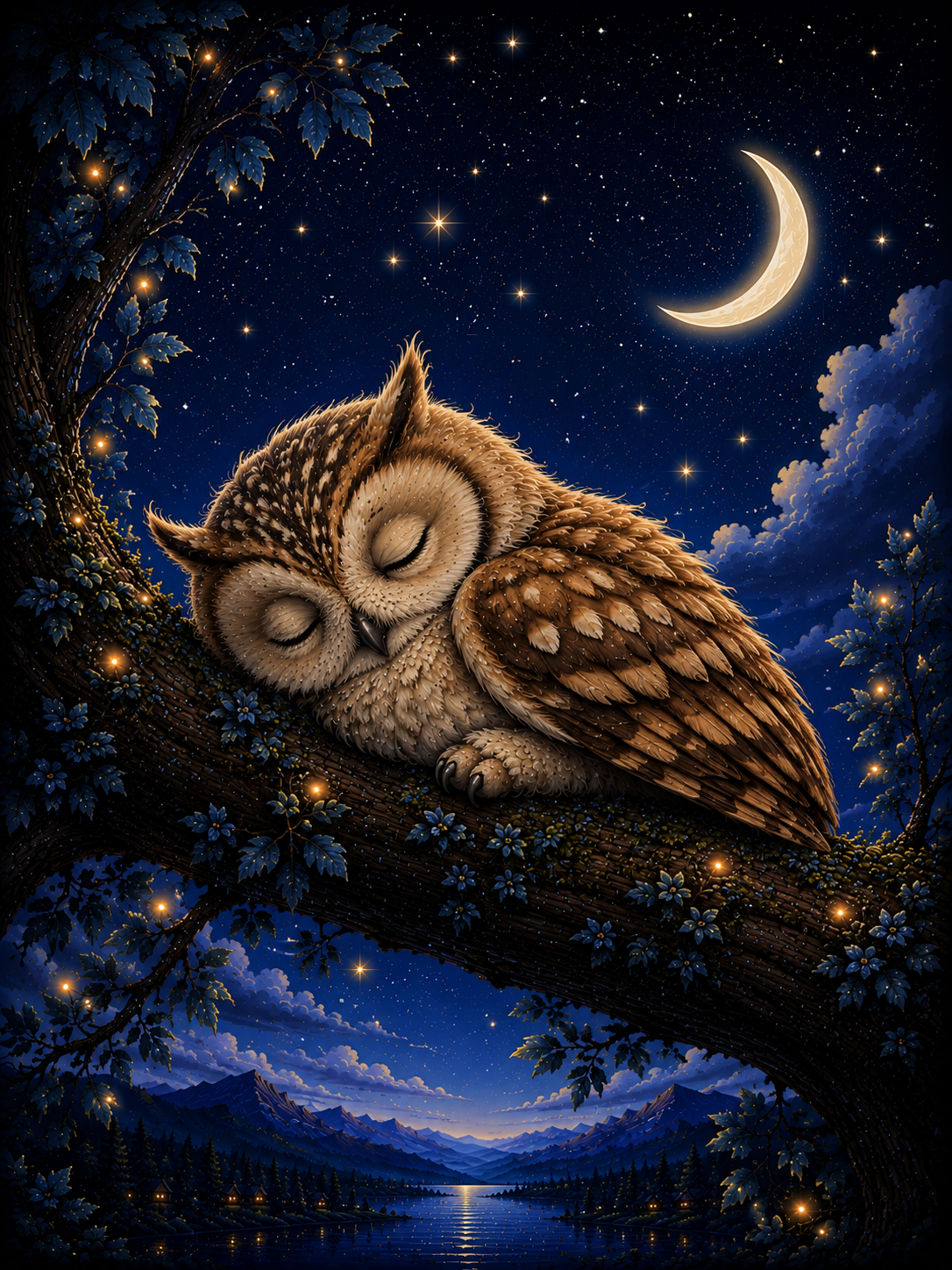 Sleeping Owl on a Branch / Owls Printable Art 2 / Premium Printable Digital Download
