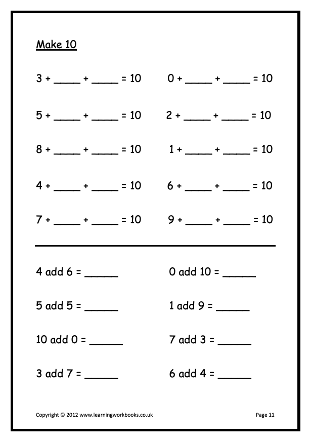 Addition to 10 Workbook (downloadable digital product)