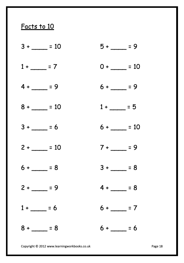Addition to 10 Workbook (downloadable digital product)