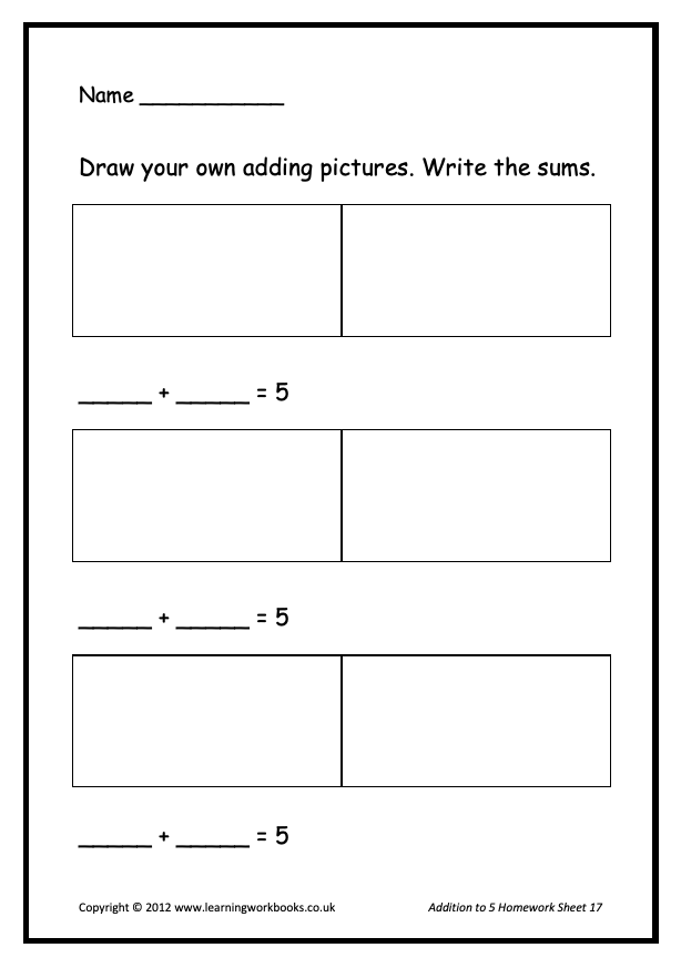 Addition to 5 Homework Sheets (downloadable digital product)