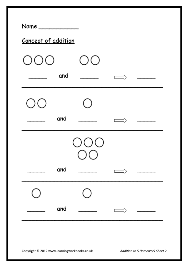 Addition to 5 Homework Sheets (downloadable digital product)