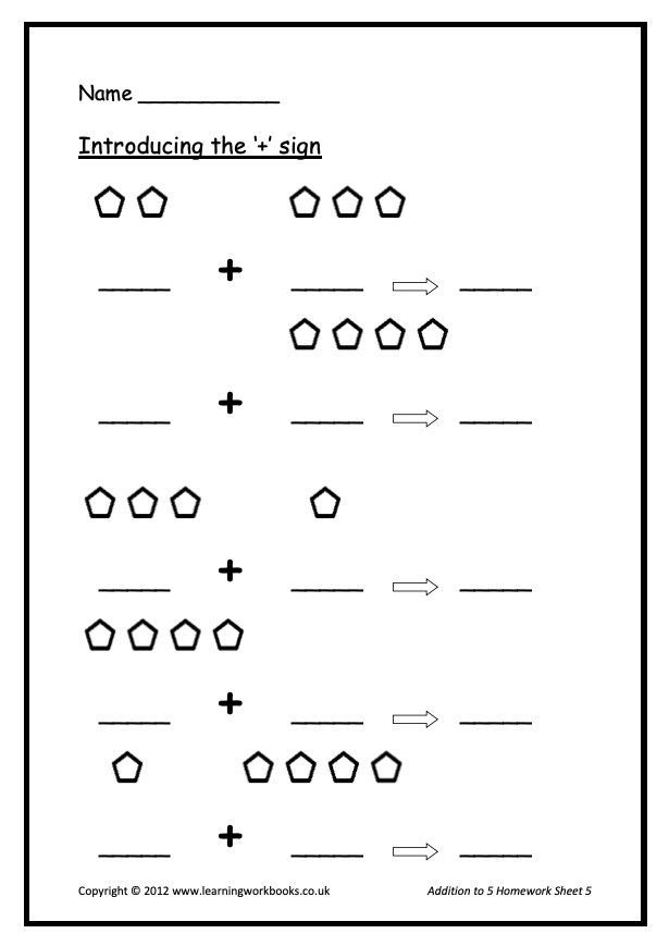 Addition to 5 Homework Sheets (downloadable digital product)