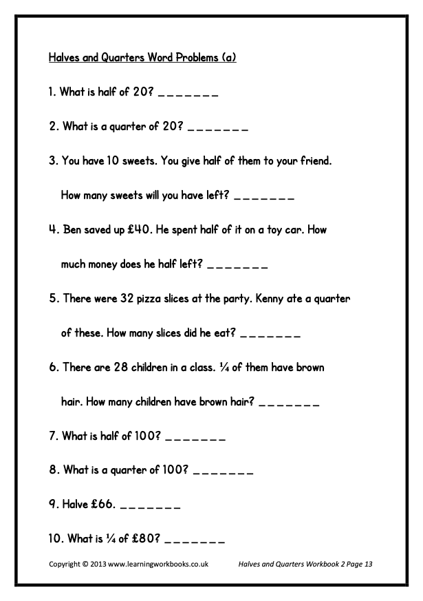 Fractions: Halves and Quarters Workbook 2 (downloadable digital product)