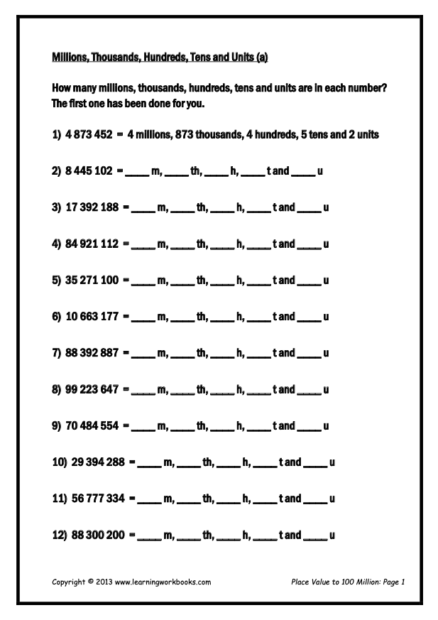 Place Value to 100 Million Workbook (downloadable digital product)
