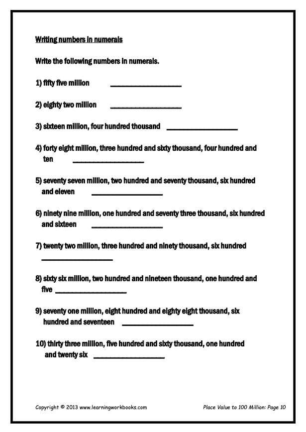 Place Value to 100 Million Workbook (downloadable digital product)