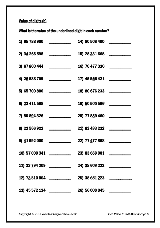 Place Value to 100 Million Workbook (downloadable digital product)