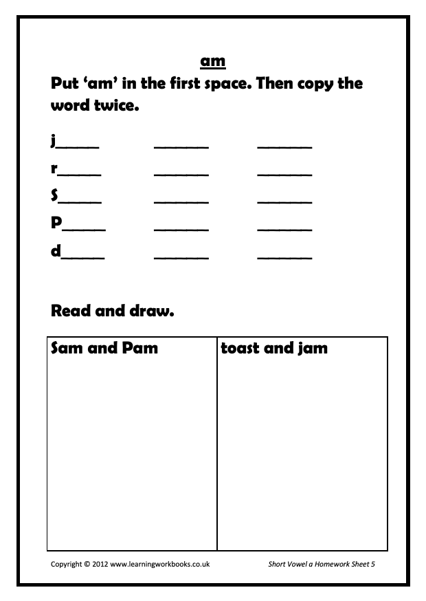 Phonics 1 Homework Sheets: Short Vowel a (downloadable digital product)