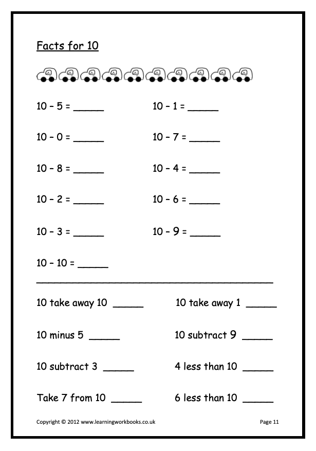 Subtraction to 10 Workbook (downloadable digital product)