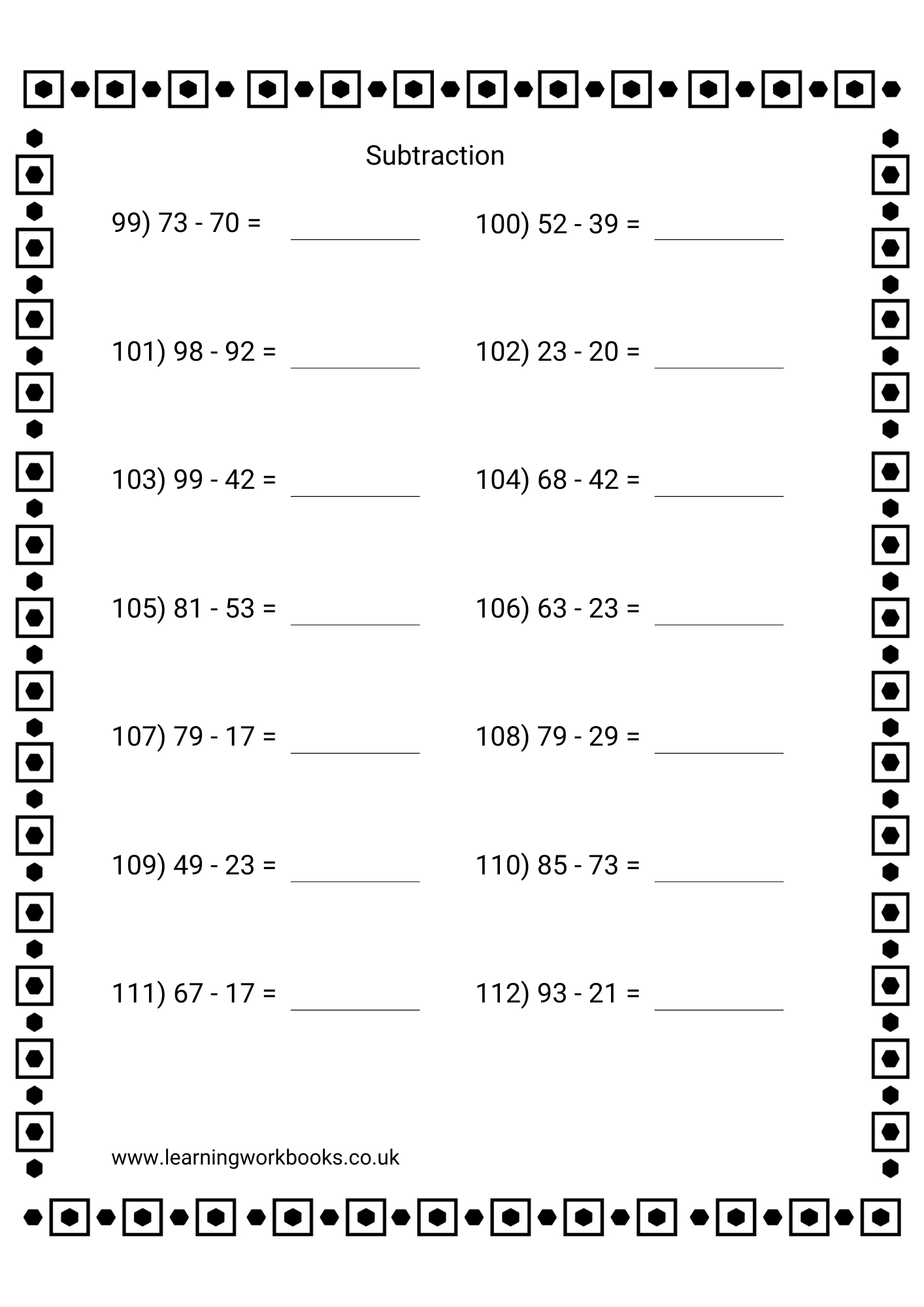 Subtracting 2 Digits From 2 Digit Numbers Workbook 3 (downloadable digital product)