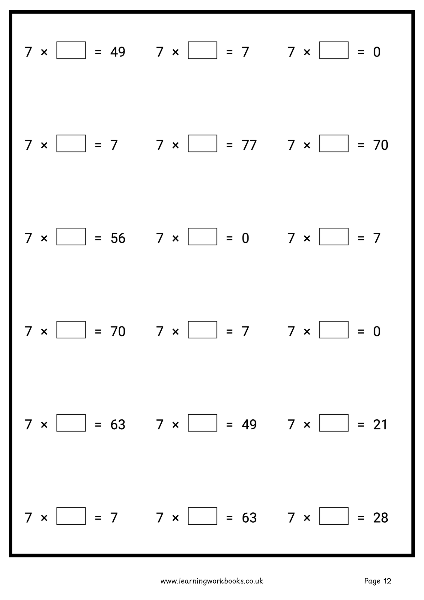 7 Times Table Workbook (downloadable digital product)