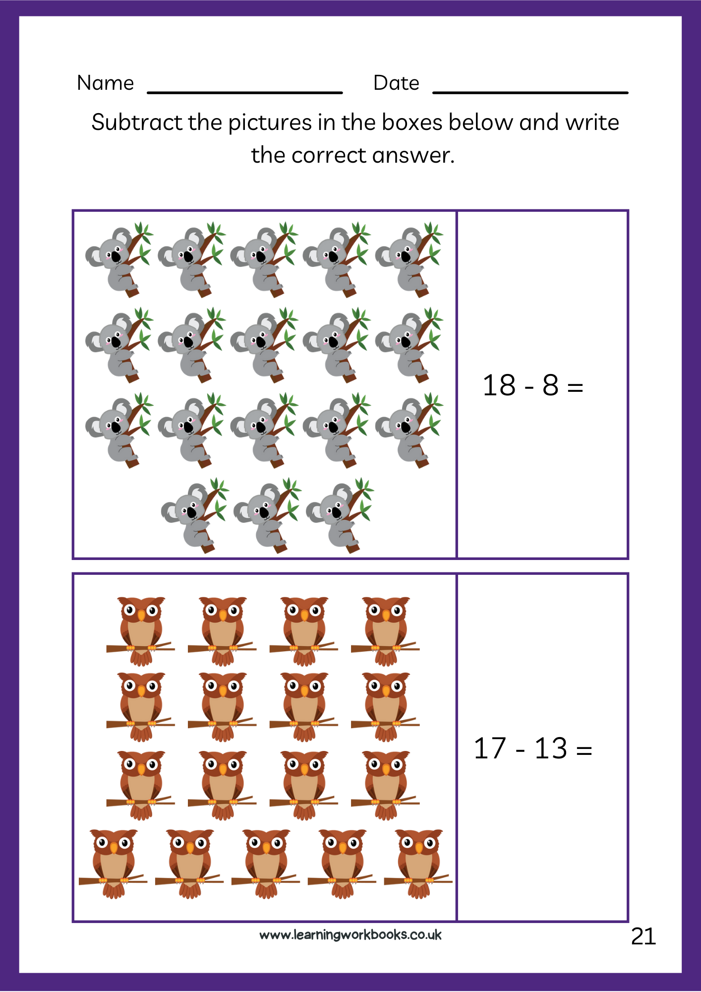 Subtraction to 20 Workbook 1 (downloadable digital product)
