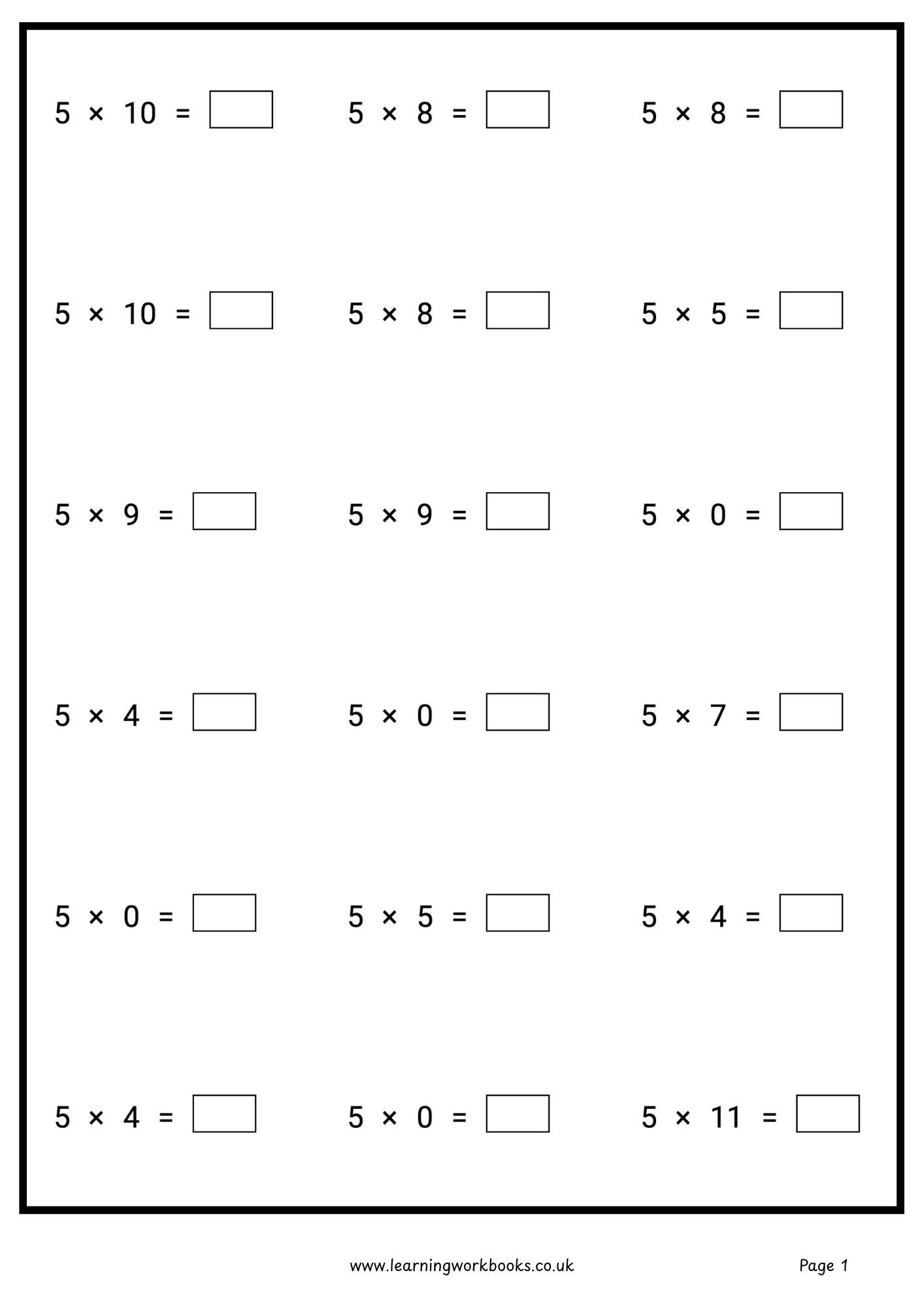 5 Times Table Workbook (downloadable digital product)
