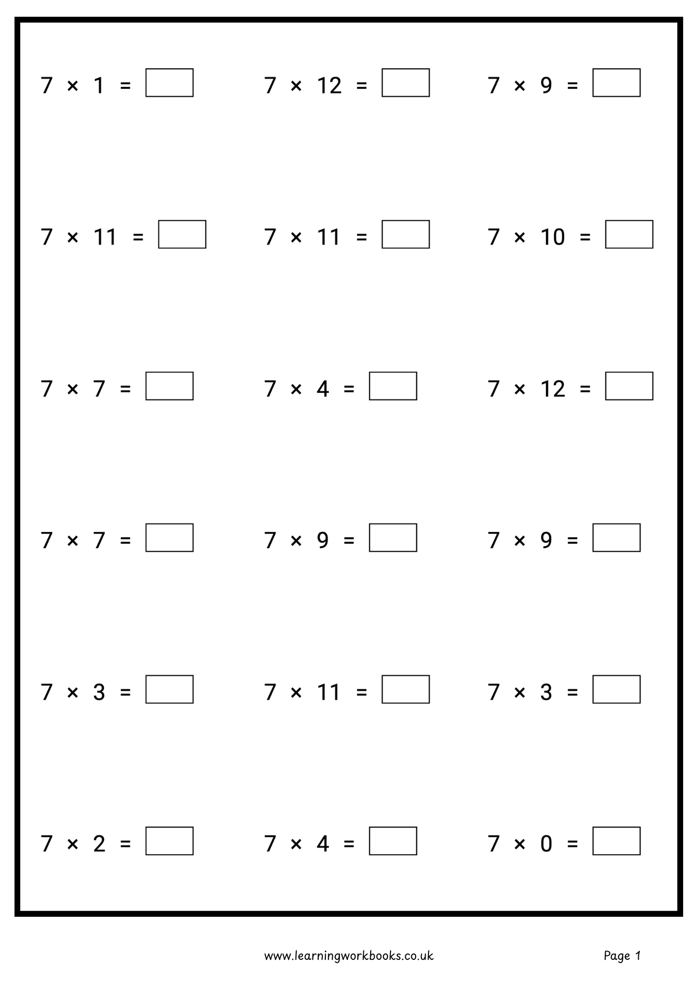 7 Times Table Workbook (downloadable digital product)