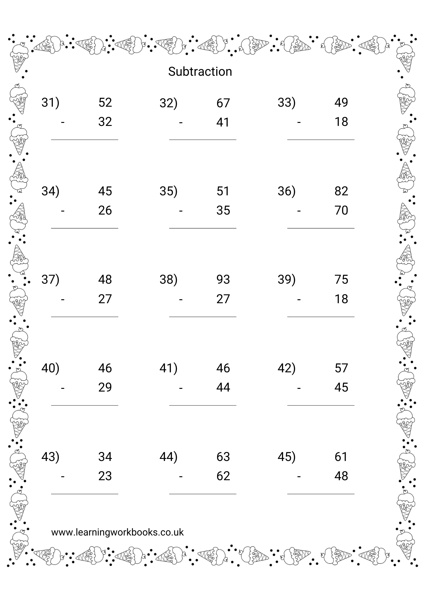 Subtracting 2 Digits From 2 Digit Numbers Workbook 1 (downloadable digital product)