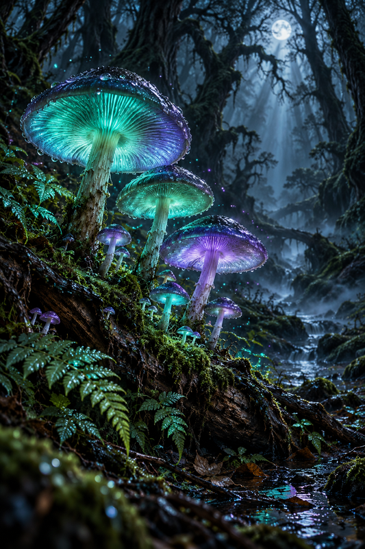 Set of Eerie Glowing Mushrooms in a Dark and Mysterious Forest Halloween / Printable Art 24 / High Resolution Digital Download
