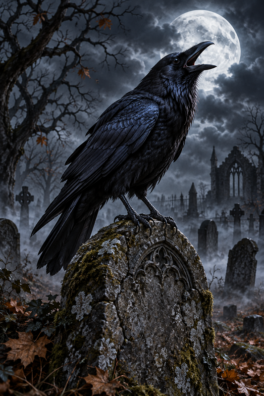 Spooky Black Cawing Raven Perched on a Tombstone / Halloween Printable 16 / High Resolution Digital Download