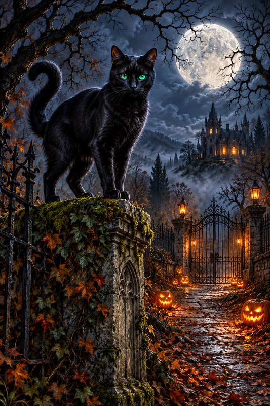 Spooky Black Cat with Glowing Green Eyes / Halloween Printable Art 23 / High Resolution Digital Download