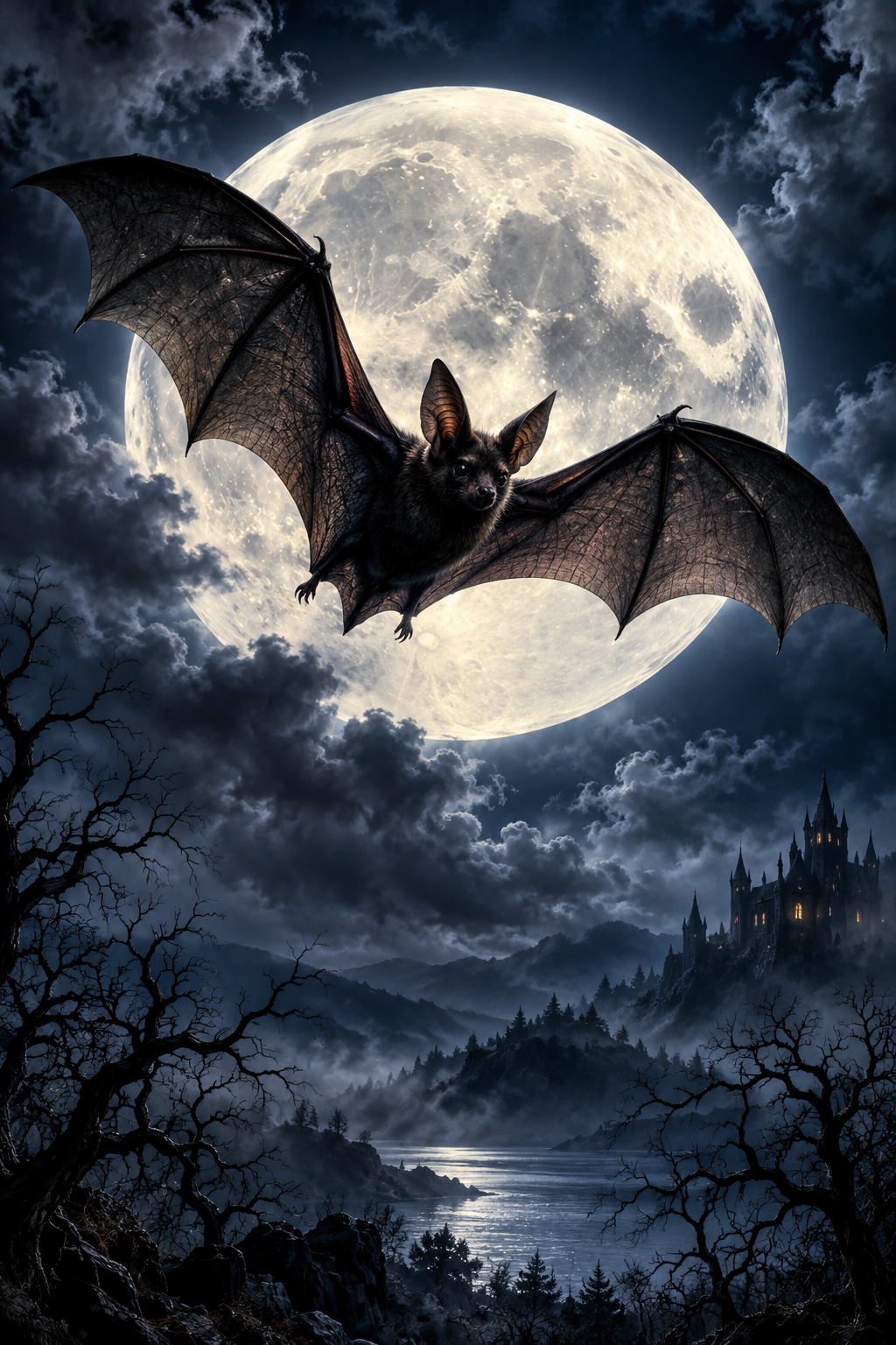 Black Bat and Full Moon / Halloween Printable Art 4 / Digital Download / High Resolution for High Quality Printing