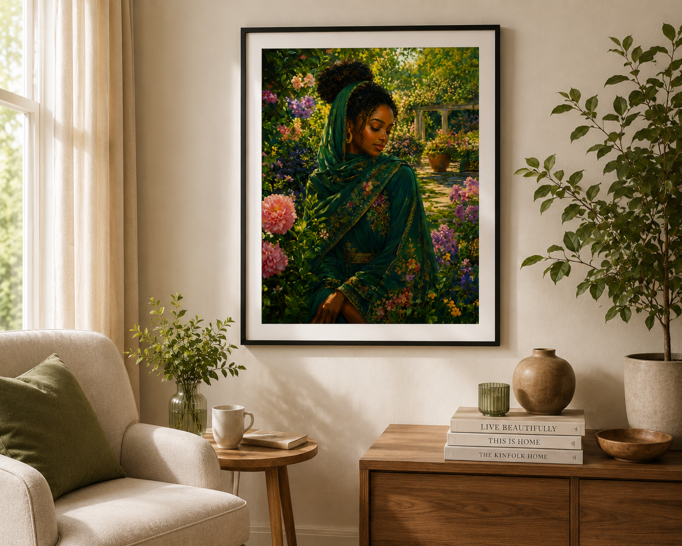 African Woman Sitting in a Peaceful Garden / Realistic African Wall Art 1 / Premium Printable Digital Download