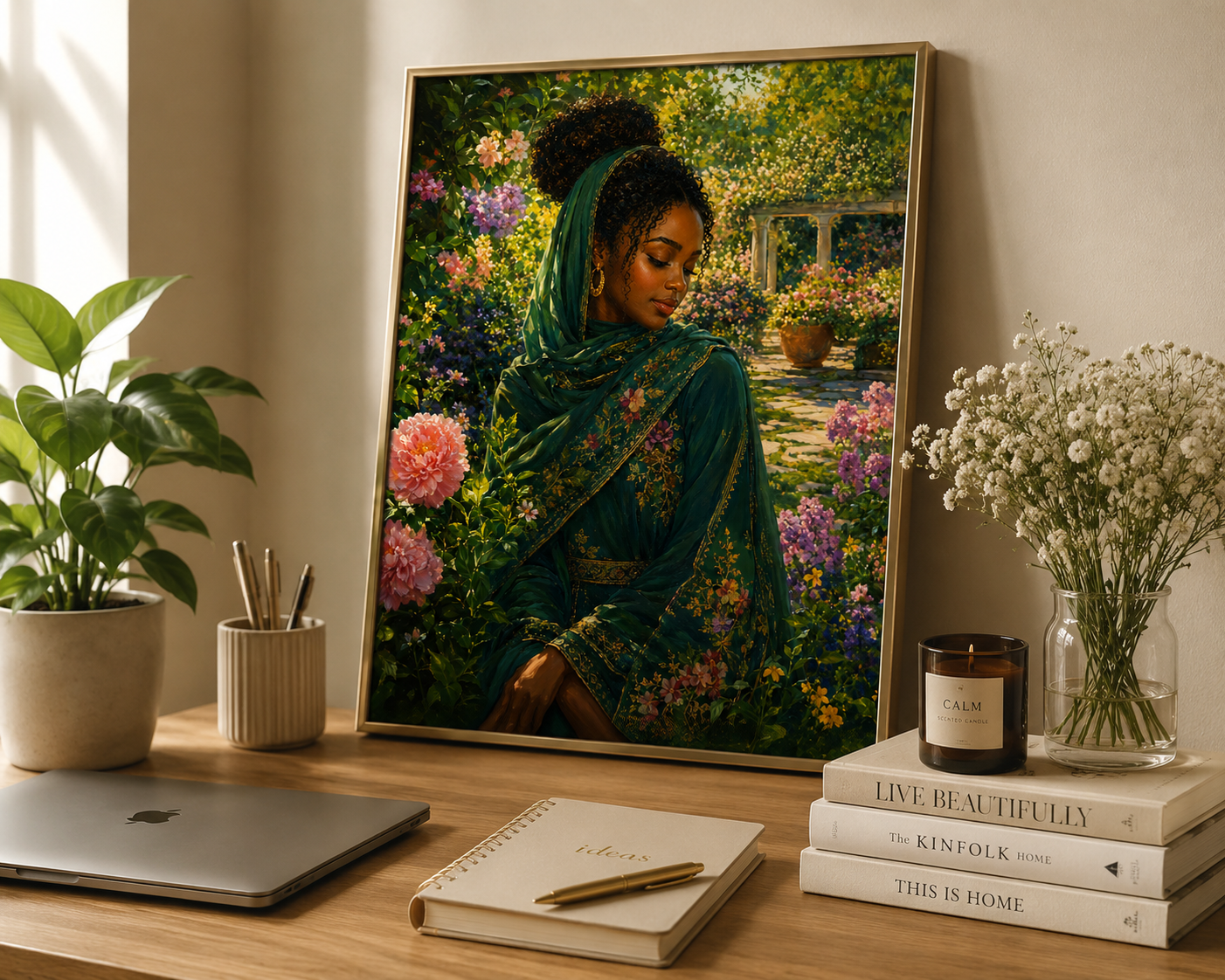 African Woman Sitting in a Peaceful Garden / Realistic African Wall Art 1 / Premium Printable Digital Download