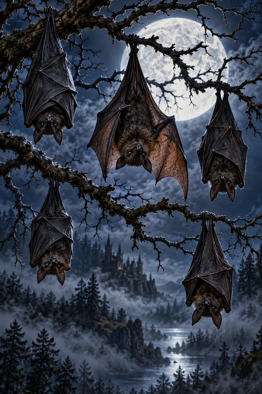Creepy Bats Hanging Upside Down From Tree Branches / Halloween Printable Art 13 / High Resolution Digital Download