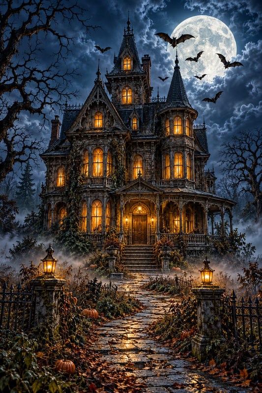 Haunted House with Glowing Windows and Bats Flying Around / Halloween Printable Art 8 / High Resolution Digital Download