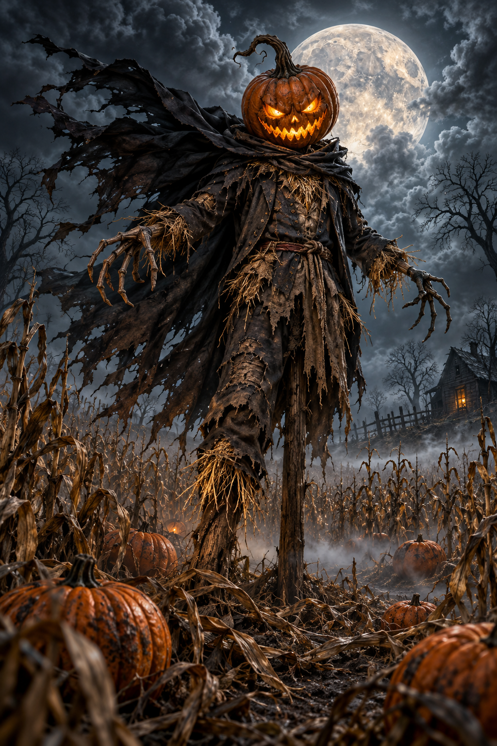 Sinister Pumpkin-Headed Scarecrow with Glowing Features and a Tattered Cape / Halloween Printable 17 / High Resolution Digital Download