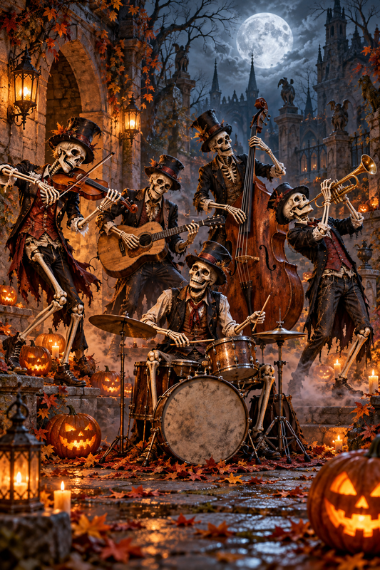 Mischievous Skeletons Playing Instruments in a Halloween Band / Halloween Printable Art 9 / High Resolution Digital Download