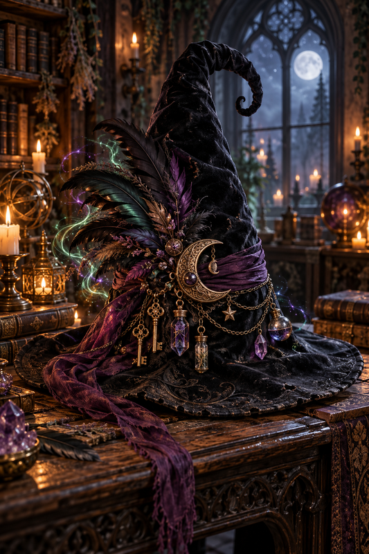 Wicked Witch's Hat Adorned with Feathers and Magical Trinkets / Halloween Printable Art 22 / High Resolution Digital Download