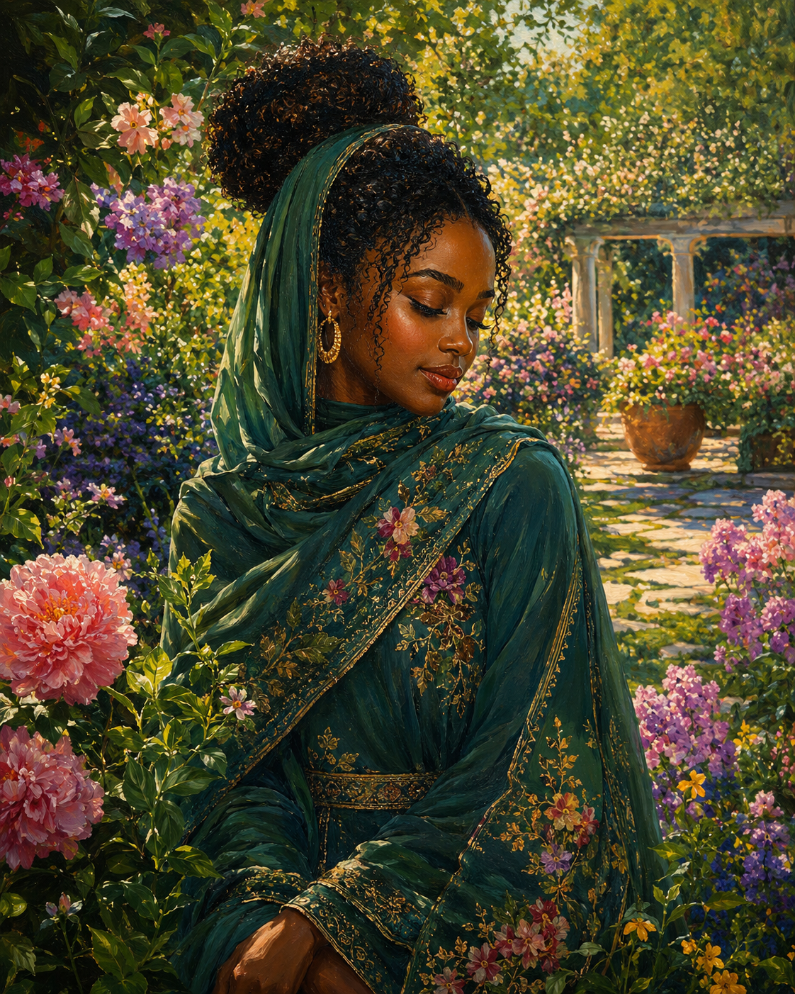 African Woman Sitting in a Peaceful Garden / Realistic African Wall Art 1 / Premium Printable Digital Download