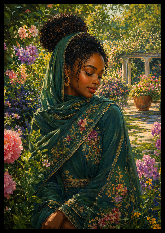 African Woman Sitting in a Peaceful Garden / Realistic African Wall Art 1 / Premium Printable Digital Download
