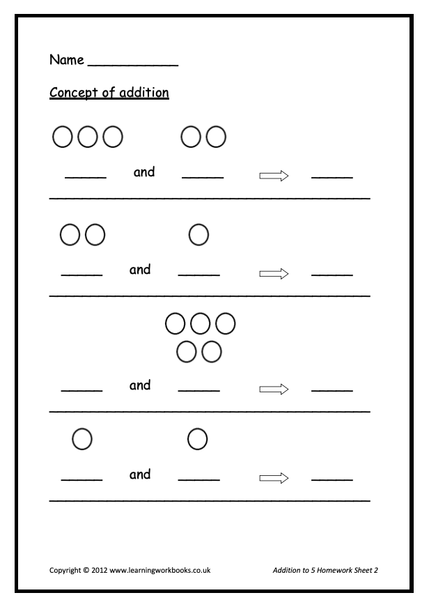 Addition to 5 Homework Sheets