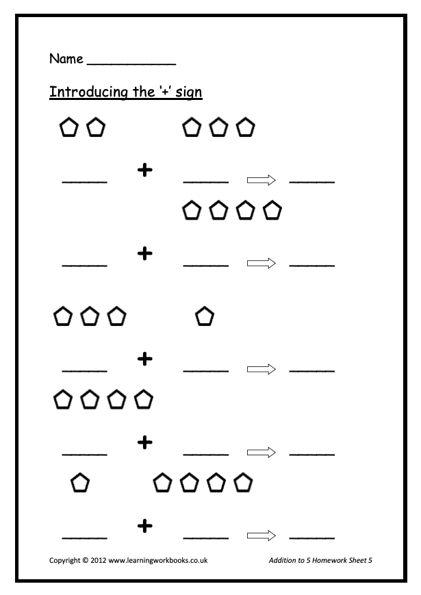 Addition to 5 Homework Sheets