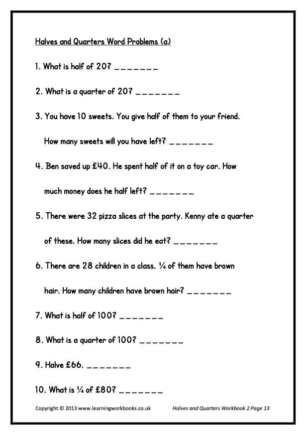 Fractions: Halves and Quarters Workbook 2